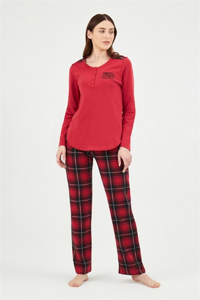 Kırmızı İnterlok O Patlı Altı Ekoseli Uzun Kol Pijama Takımı