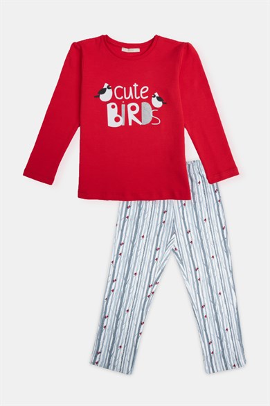 Kız Çocuk İnterlok Kuş Desenli O Yaka Pijama Takımı